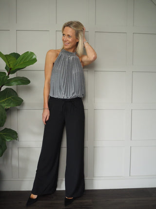 Gertie Wide Leg Trousers - Black with Silver Stripe