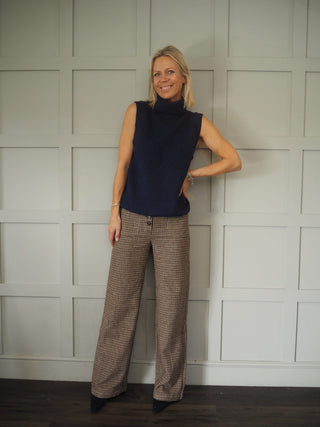Elyn High Rise, Wide Leg Tweed Trousers with Front Pockets - Black/Brown/Camel