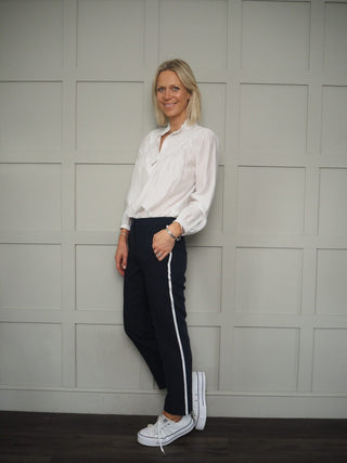 Vanna Cropped Trousers - Navy with White Grosgrain Ribbon Stripe