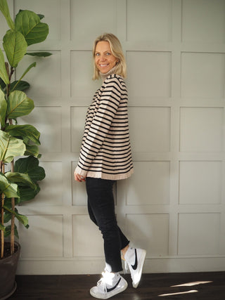 Becks Polo Neck Cashmere Mix Jumper - Oatmeal/Black Stripe