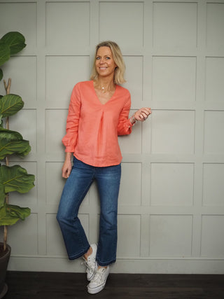 Pandy V Neck Long Sleeved Linen Blouse - Off White