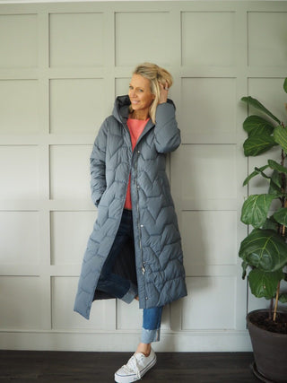 Jikke Long Padded Coat, Lined with Zipper &amp; Secret Inside Pocket by Rino &amp; Pelle - Night, Stone