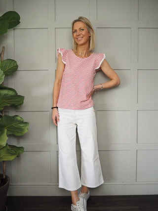 Tiki Striped Cap Sleeves T-Shirt - Red/Off White