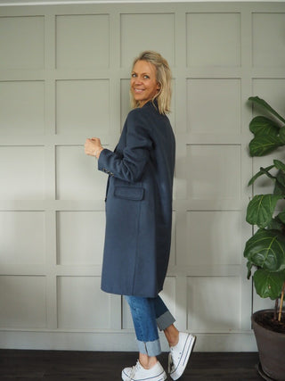 Jenci Double Breasted Handmade Coat, Wool Mix with Lapel Collar, Pockets &amp; Buttoned Cuffs by Rino &amp; Pelle - Night and Stone