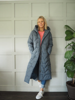 Jikke Long Padded Coat, Lined with Zipper &amp; Secret Inside Pocket by Rino &amp; Pelle - Night, Stone