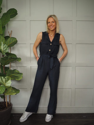 Evali Short Sleeve Linen Jumpsuit with V Neck &amp; Collar, Button Fastening - Navy Blue and Stone