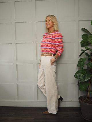 Leslie Farley Fairisle Puff Sleeve Cashmere Jumper and Cardigan by Brodie - Camel with Neon Orange / Pink / Blue / Purple