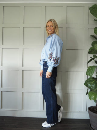 Maxime Long Sleeve Blouse by Pom Amsterdam - Light Blue, White