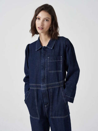 Lorna Organic Cotton Mix Jumpsuit, Slightly Cropped Straight Leg by Seventy Mochi - Ecru and Dark Vintage