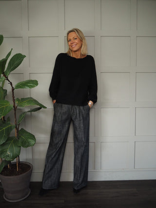 Wispa Cotton Wide Leg Trousers with Stripy &amp; Cream Waistband - Blue