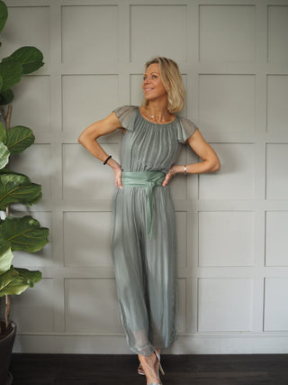 Purdie Silk Mix Playsuit with Elasticated ‘On/Off Shoulder’ Neckline, Frill Capped Sleeve, Lined - Light Khaki Green