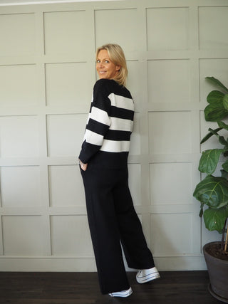 Tia Soft Jumper &amp; Trouser Lounge Set - Black, Stone and White Stripe