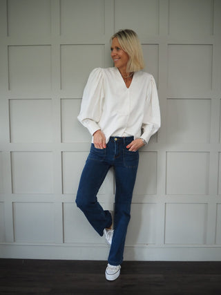 Pops V-Neck Blouse with Balloon Sleeves - Off White