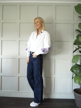 Maxime Long Sleeve Blouse by Pom Amsterdam - Light Blue, White