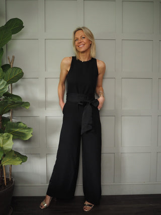 Palma Sleeveless Jumpsuit with High Round Neck, Silky-Feel Side Panel - Black, Champagne, Navy Blue, Red