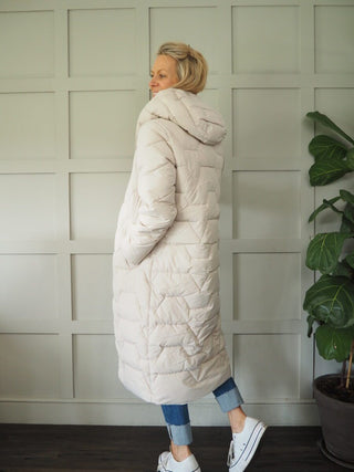 Jikke Long Padded Coat, Lined with Zipper &amp; Secret Inside Pocket by Rino &amp; Pelle - Night, Stone