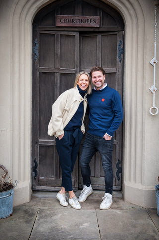 Men's Aino Dot Round Neck Cotton Jumper - Navy Blue with Logo