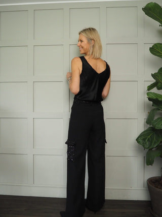 Party Tailored Cargos with Sequin Pockets - Black, Navy Blue