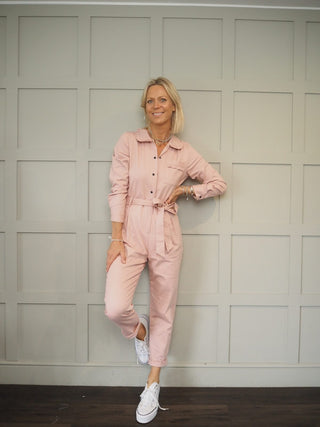 Trudi Long Sleeved Jumpsuit with Stretch, Ruffle Detail, Enamel Poppers &amp; Front Zipper - Pale Pink