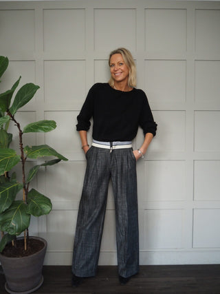 Wispa Cotton Wide Leg Trousers with Stripy &amp; Cream Waistband - Blue