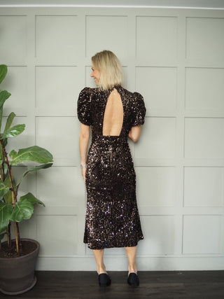 BeeBee Sequin Midi Dress - High Neck with Puff/Capped Sleeves &amp; Pleating Detail - Bronze/Black