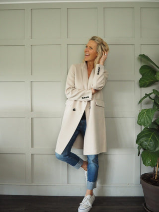 Jenci Double Breasted Handmade Coat, Wool Mix with Lapel Collar, Pockets &amp; Buttoned Cuffs by Rino &amp; Pelle - Night and Stone