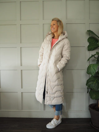 Jikke Long Padded Coat, Lined with Zipper &amp; Secret Inside Pocket by Rino &amp; Pelle - Night, Stone