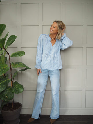 Sander Blouse with Broderie Anglaise Detail - Baby Blue