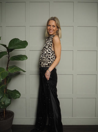 Zozo Sequin Trousers with Satin Side Stripe - Black