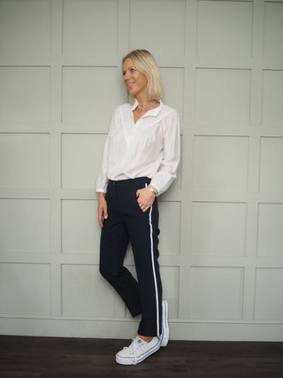 Vanna Cropped Trousers - Navy with White Grosgrain Ribbon Stripe