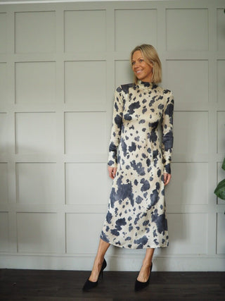 Asu High Neck and Tie Dress by Ottod’Ame - Oatmeal with Charcoal/Dark Navy Blue Print