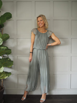 Purdie Silk Mix Playsuit with Elasticated ‘On/Off Shoulder’ Neckline, Frill Capped Sleeve, Lined - Light Khaki Green