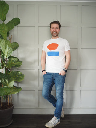 Men’s Atardecer Cotton T-Shirt by Thinking Mu - Off White with Orange/Cobalt Blue Logo