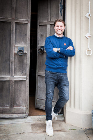 Men's Aino Dot Round Neck Cotton Jumper - Navy Blue with Logo