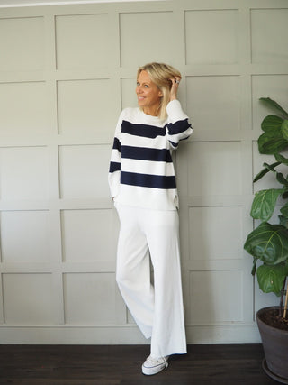 Tia Soft Jumper &amp; Trouser Lounge Set - Black, Stone and White Stripe