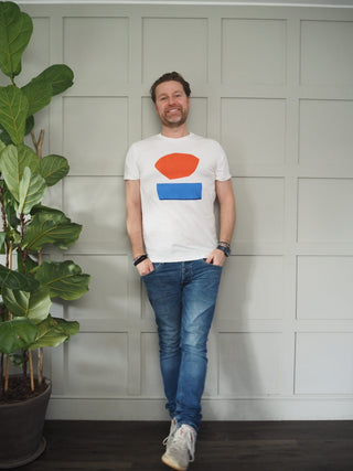 Men’s Atardecer Cotton T-Shirt by Thinking Mu - Off White with Orange/Cobalt Blue Logo