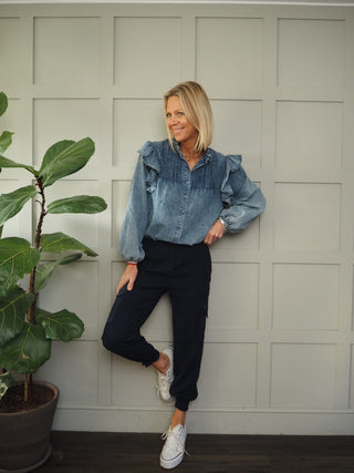 Eugenie Frilly Denim Shirt - Blue