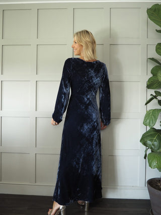 Tresor Velvet Maxi Dress with Round Neck &amp; Balloon Sleeves by Ottod'Ame - Midnight Blue