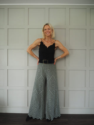 Penelope Wide Leg Broderie Anglaise Trousers - Khaki