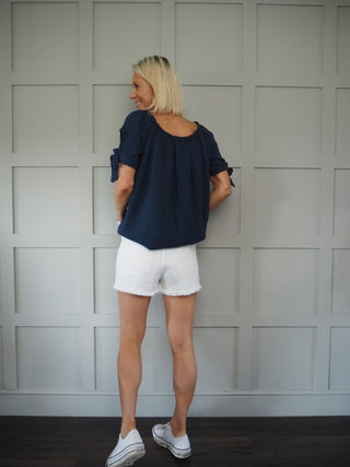 Denim Shorts with Frayed Hem - Off White
