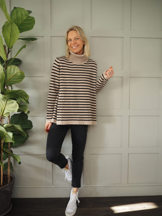 Becks Polo Neck Cashmere Mix Jumper - Oatmeal/Black Stripe