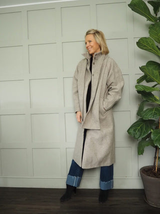 Chjosia Coat, Wool Blend, Lined With High Collar &amp; Detachable Scarf by Moss Copenhagen - Taupe
