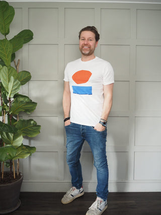 Men’s Atardecer Cotton T-Shirt by Thinking Mu - Off White with Orange/Cobalt Blue Logo