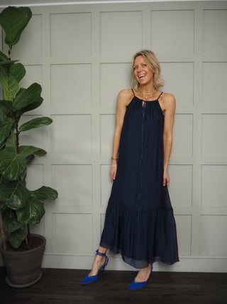 Wendi Silk Mix Sun Dress by Frnch - Navy Blue