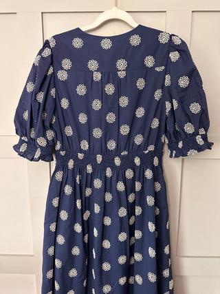 Gabrielle Cotton Midi Dress with Embroidered Detail by Frnch - Navy Blue