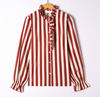 Westminster Stripe Blouse with Scalloped Detailed  - Khaki, Red