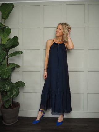 Wendi Silk Mix Sun Dress by Frnch - Navy Blue