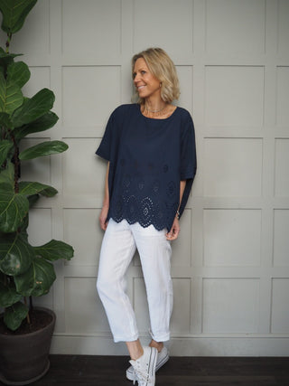 Doris Cotton T-Shirt with Broderie Anglaise Detail - White