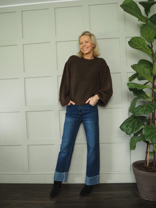 Hope Balloon Sleeve Round Neck Jumper by Moss Copenhagen - Black, Cocoa and Ecru