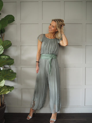 Purdie Silk Mix Playsuit with Elasticated ‘On/Off Shoulder’ Neckline, Frill Capped Sleeve, Lined - Light Khaki Green